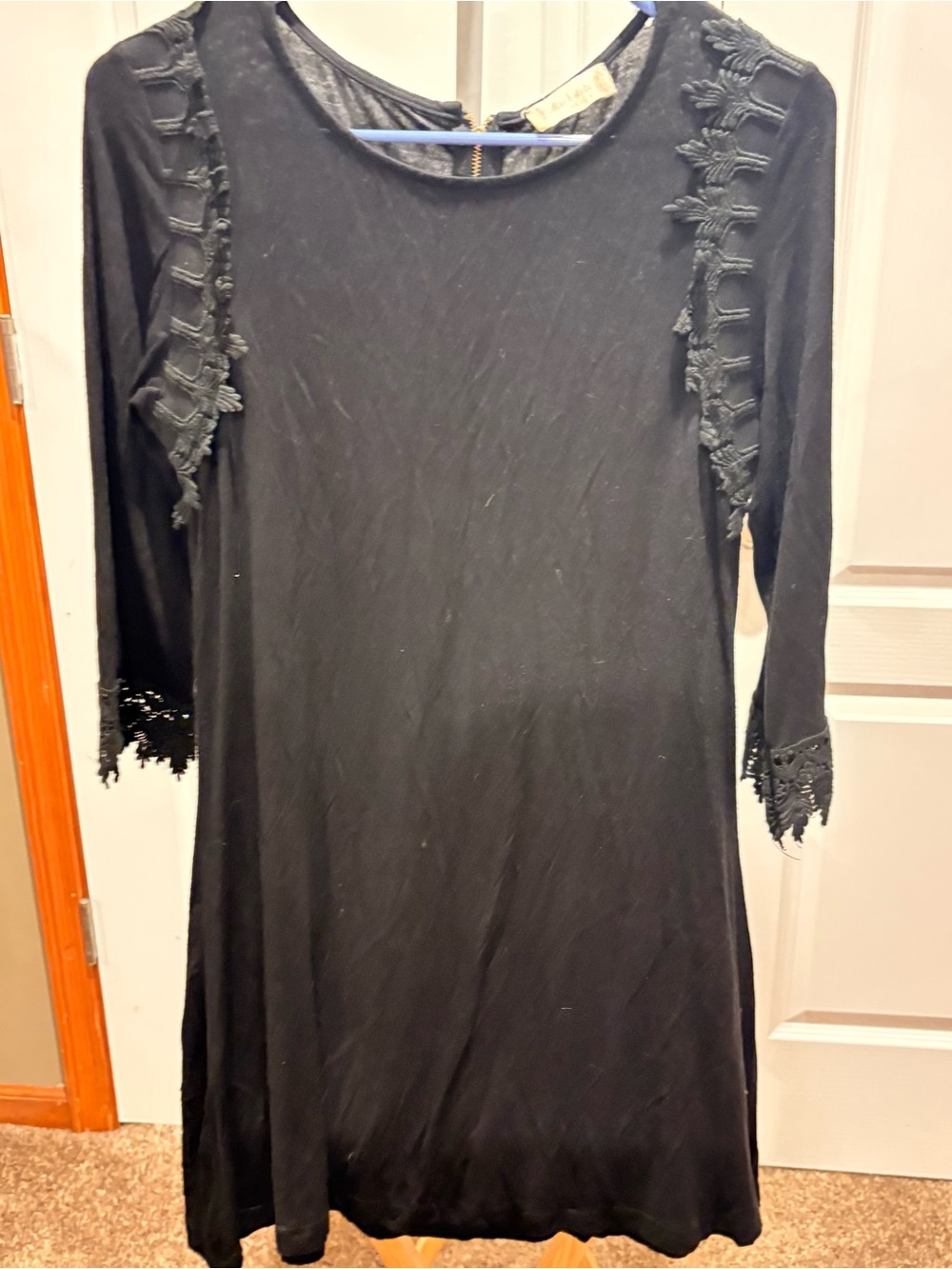Altar'd State Black Lace-Trim Long Sleeve Scoop Dress